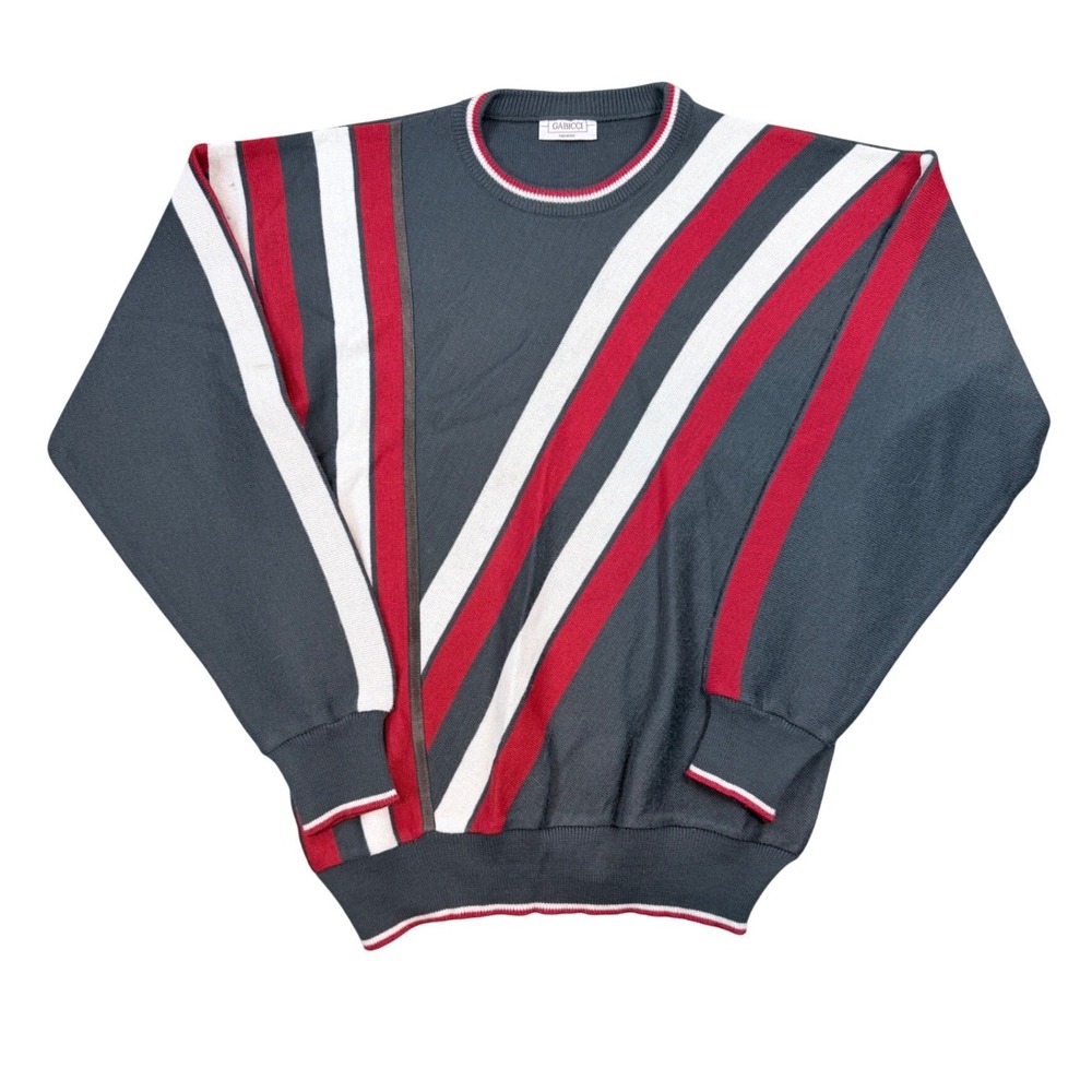 Gabicci Italy Mens Vintage Striped Crewneck Sweater Grey Red Wool Blend Large